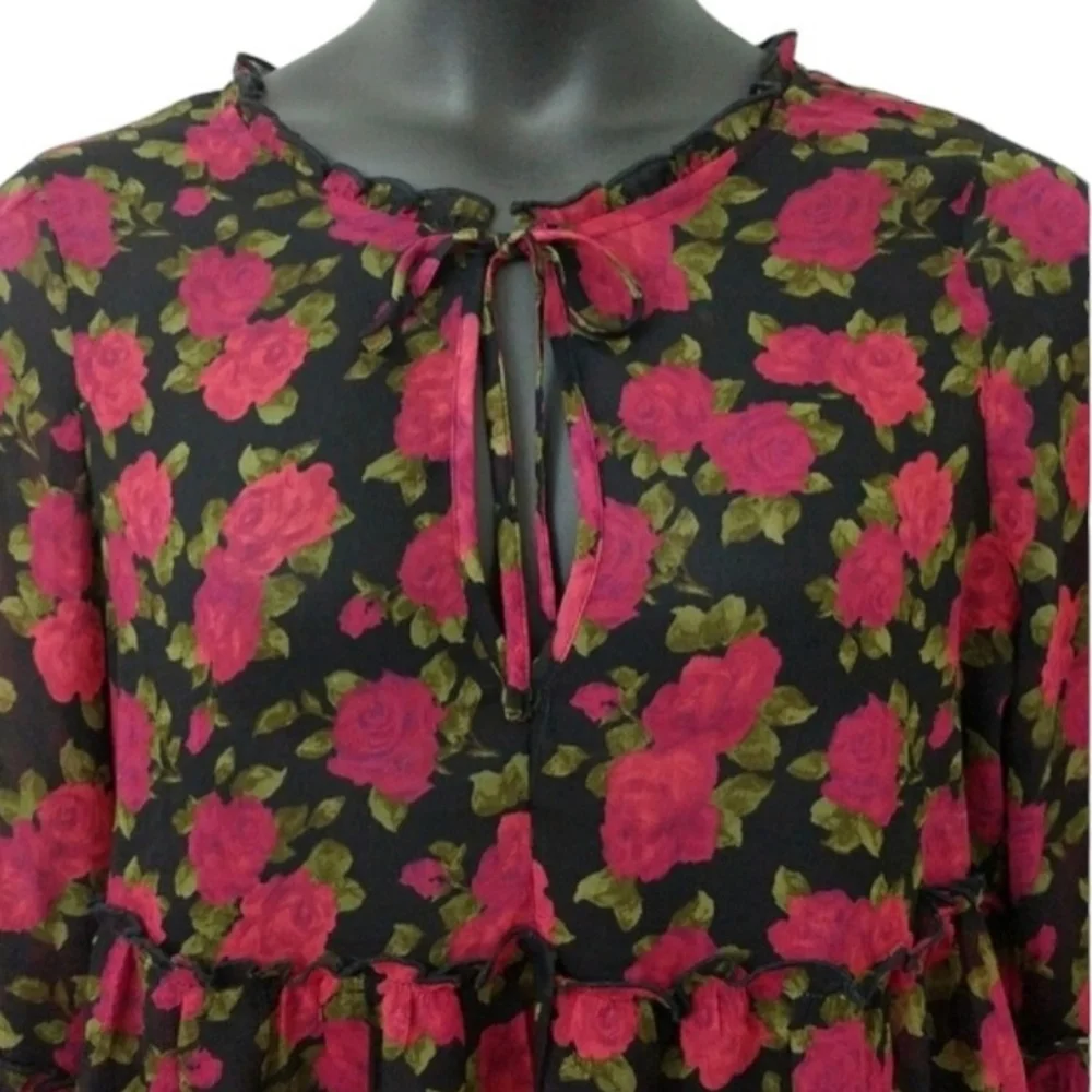 American Eagle Sheer Black & Red Floral Ruffle Peplum Top | Size L